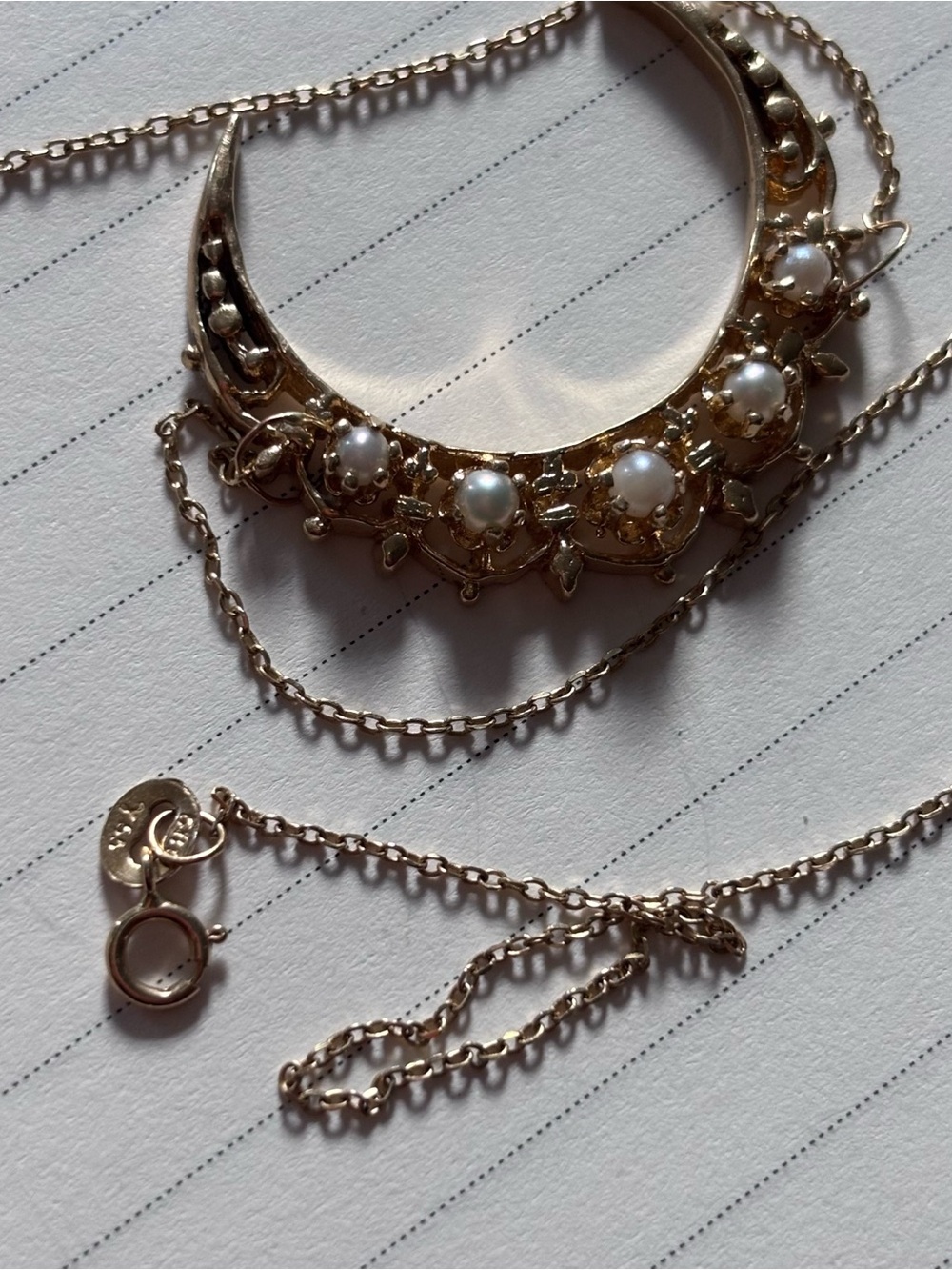 Antique Gold Crescent Necklace with Opalescent Stones - Women Jewelry - Picture 4 of 9